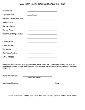 Vox-Cam Credit Card Authorization Form
