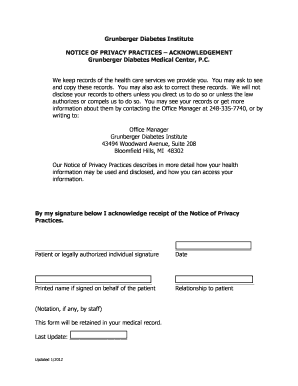 Grunberger Diabetes Privacy Practices Acknowledgment