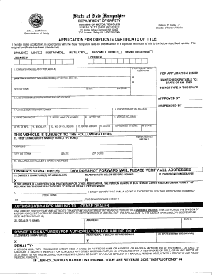 New Hampshire Duplicate Certificate of Title Application