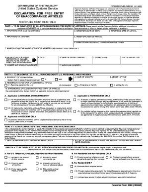 US Customs Declaration for Free Entry of Articles