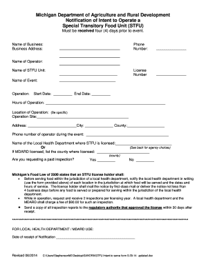 Michigan Special Transitory Food Unit Notification