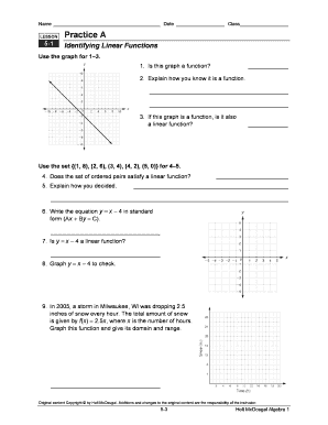 Algebra 1 Linear Functions Practice Worksheet