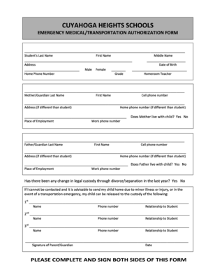 Emergency Medical/Transportation Authorization Form