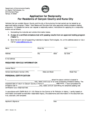 Idaho Vehicle Emissions Reciprocity Application