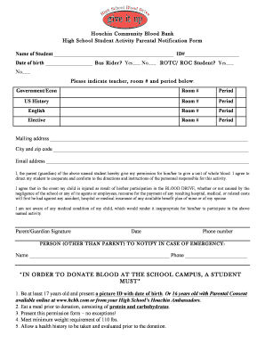 High School Student Blood Donation Parental Notification Form