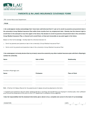 Parents and In-Laws Insurance Coverage Form