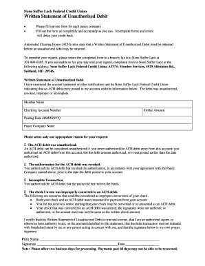 None Suffer Lack Federal Credit Union Written Statement of Unauthorized Debit