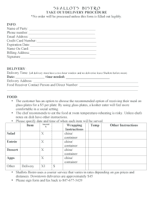 Take Out/Delivery Procedure Form