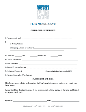 Flex Mussels Credit Card Authorization Form