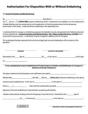Authorization For Disposition With or Without Embalming