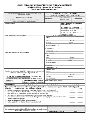 North Carolina Physical Therapy License Revival Form
