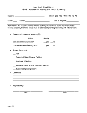 Request for Hearing and Vision Screening