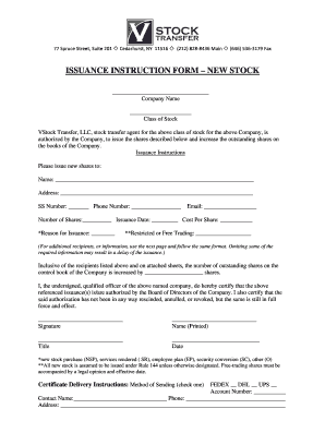 Issuance Instruction Form - New Stock