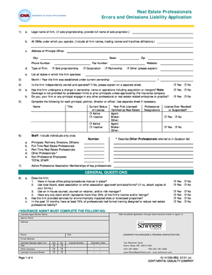 Real Estate Errors and Omissions Liability Application