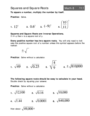 Squares and Square Roots Worksheet