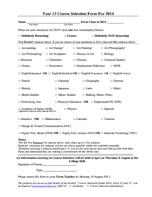 Year 13 Course Selection Form 2014