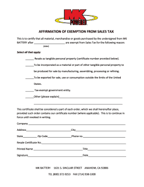 Affirmation of Exemption from Sales Tax
