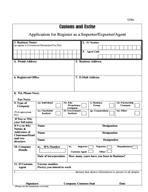 Customs and Excise Importer/Exporter/Agent Registration Form