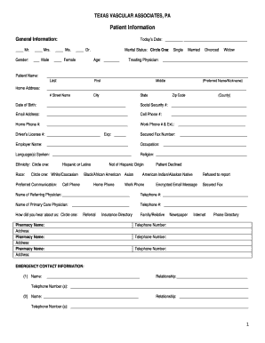 Texas Vascular Associates Patient Information Form
