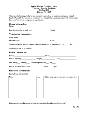 Canine Behavior Pre-History Form