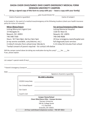 Ohio Cheer/Dance Camp Emergency Medical Form