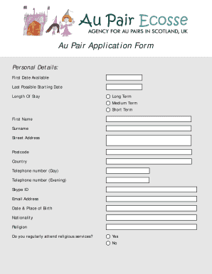 Au Pair Application Form