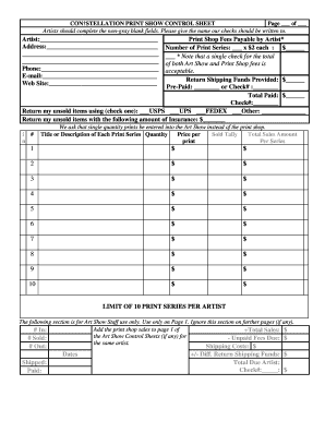 Artist Print Show Control Sheet