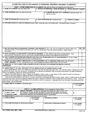 Claim for Loss of or Damage to Personal Property Incident to Service