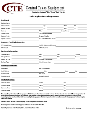 Credit Application and Agreement Applicant Business Name: Street Address: City: State: Zip: Mailing Address: City: State: Zip: Contact: Title: Contact Phone Contact Fax #: Contact Mobile Phone #: Contact Email: Company Web Site: Type of - -