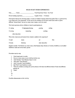 Head Start Zoo Food Experience Form