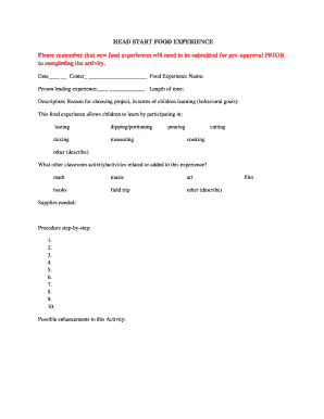 Head Start Food Experience Form