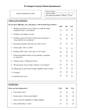 Pre Surgical Cataract Patient Questionnaire