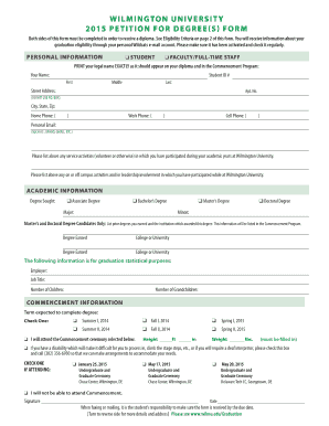Wilmington University 2015 Petition for Degree Form