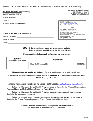 Pennsylvania School Health Record Form