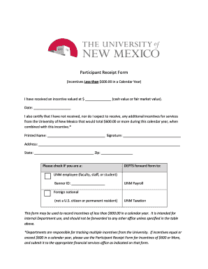 Participant Receipt Form for Incentives Under $600