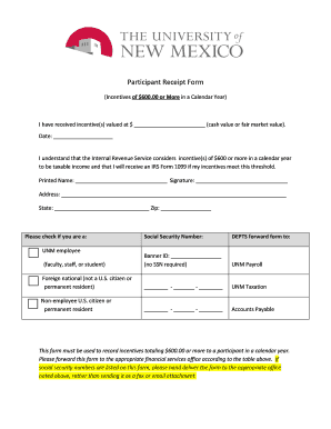 Participant Receipt Form for Incentives