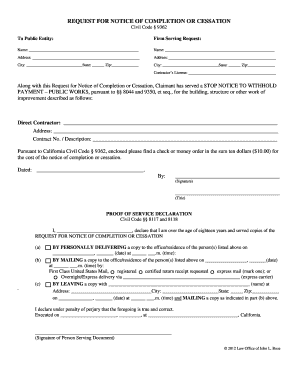 Request for Notice of Completion or Cessation