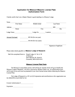 Missouri Masonic License Plate Authorization Form