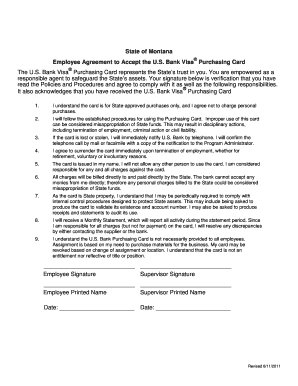 Montana Employee Agreement to Accept US Bank Visa Purchasing Card