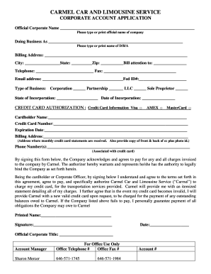Carmel Car and Limousine Service Corporate Account Application