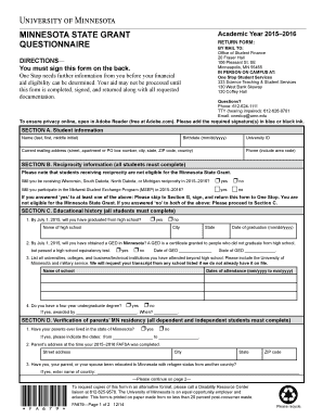Minnesota State Grant Questionnaire Form