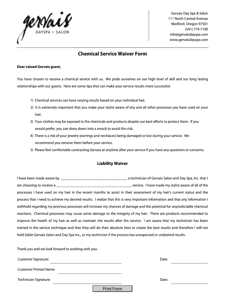 chemical service waiver form Preview on Page 1