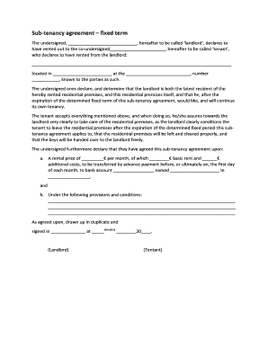 Sub-tenancy Agreement Fixed Term
