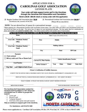 Carolinas Golf Association License Plate Application