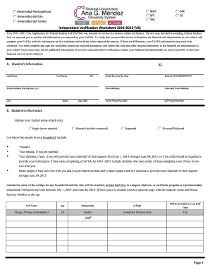 2014-2015 FAFSA Verification Worksheet