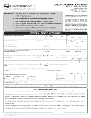British Columbia Out-of-Country Medical Claim Form