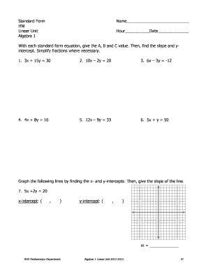 Algebra 1 Linear Unit Worksheet