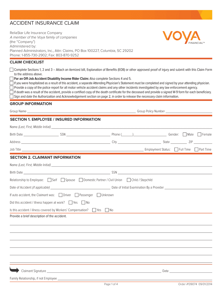 Fillable Online ACCIDENT INSURANCE CLAIM Voya Financial Fax Email