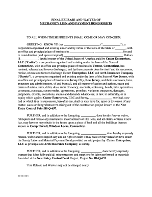 Final Release and Waiver of Mechanic's Lien and Payment Bond Rights