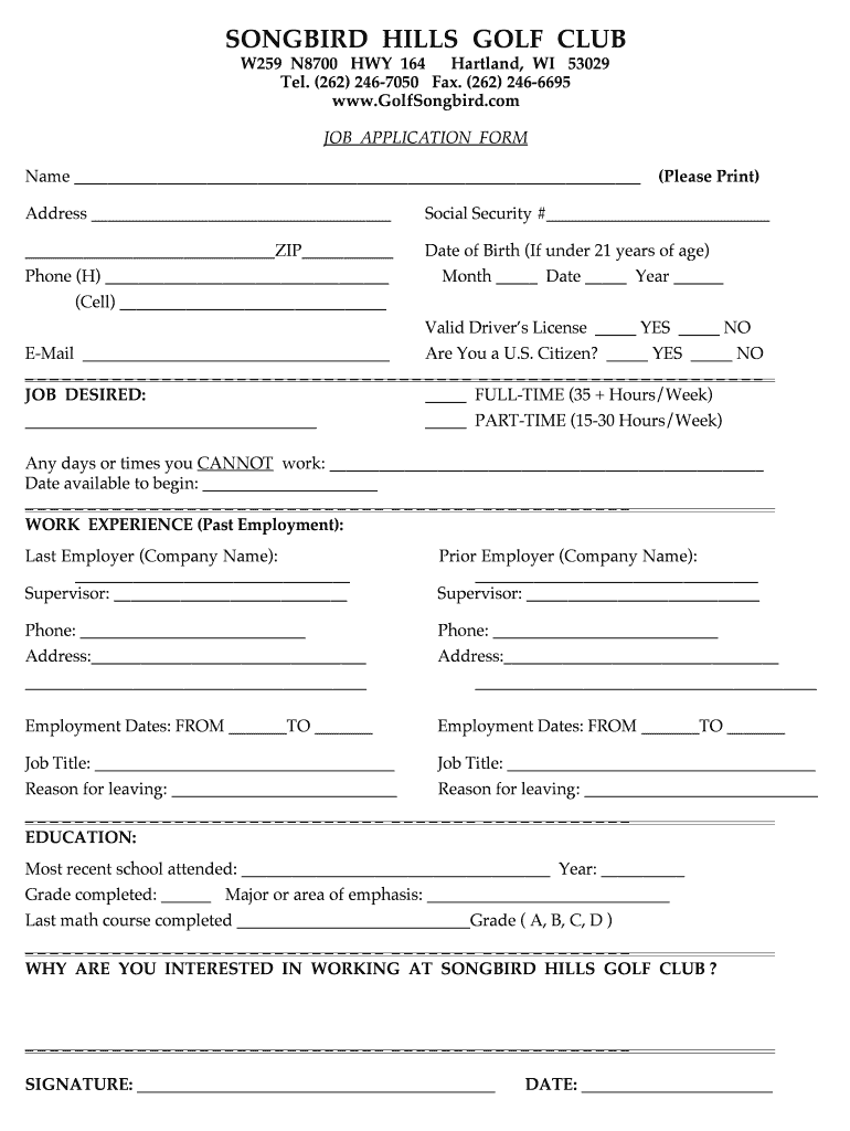Fillable Online Job Application bFormb Songbird Hills GC Songbird